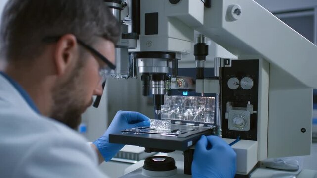 Male scientist in lab coat and gloves examining samples under a high-tech microscope in a research laboratory. - Powered by Adobe