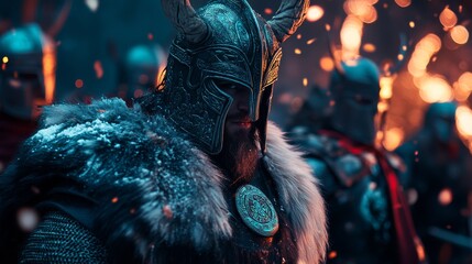 An imposing warrior stands tall amidst a fierce battle scene. His armor glimmers under the cascading sparks of the night. The atmosphere is charged with excitement. Generative AI