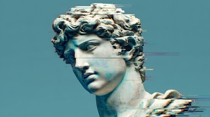 Ancient Greek Sculpture with Modern Glitch Effect on Blue Background.