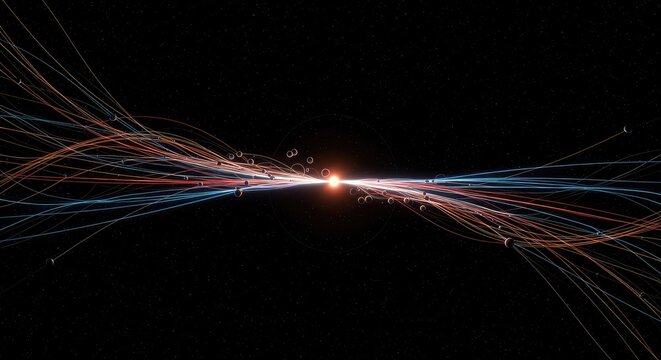 Conceptual representation of gravitational pull and spacetime curvature using flowing lines and luminous spheres in deep space, spacetime, infinite, force