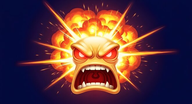 Screaming angry monster head with fiery burst and intense rage