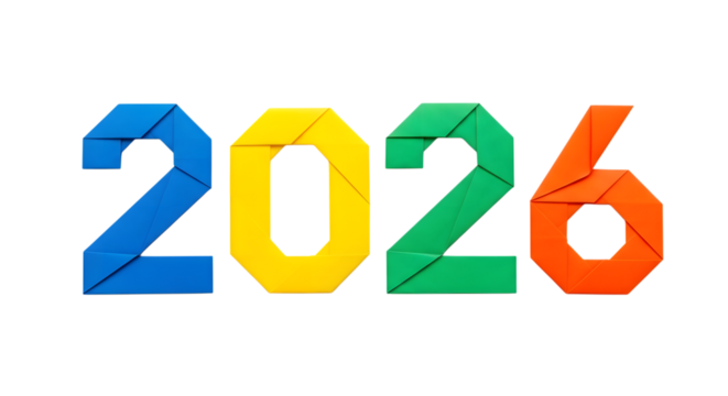 Colorful origami paper number 2026 isolated on transparent background