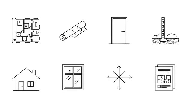 Architectural design and construction icons for building planning and property development projects