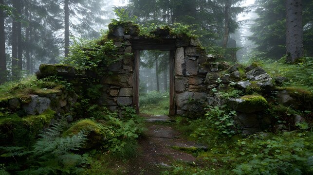 Ancient Stone Archway in a Mystical, Foggy Forest with Lush Greenery and Overgrown Ruins.