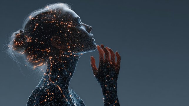 Woman's silhouette with glowing particles representing thoughts, innovation, and digital connection for a modern, futuristic concept