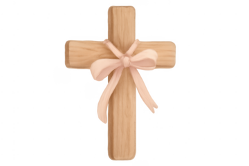 Wooden christian cross with pink ribbon bow