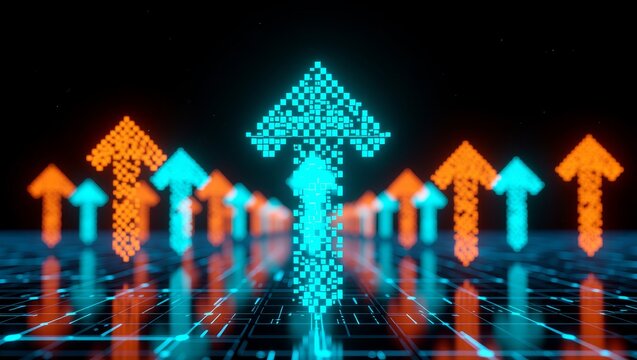 Pixelated upward arrows on digital grid