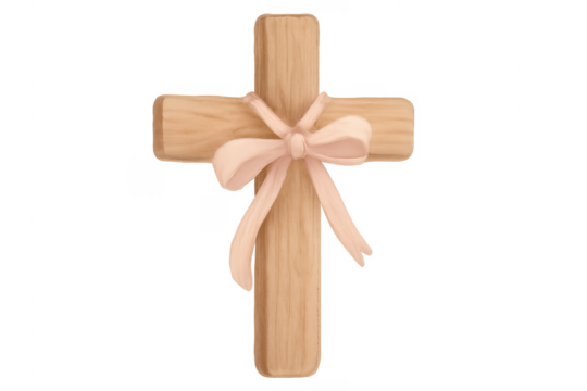 Wooden christian cross with pink ribbon bow