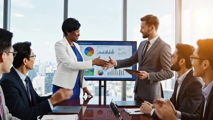 A professional business team of men and women are sitting together at a corporate table, smiling and talking during an office meeting - Powered by Adobe