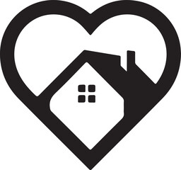 A black and white heart shape containing the outline of a house