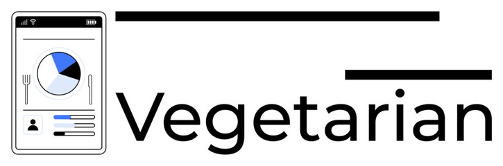 Smartphone screen with pie chart, list of user data, and Vegetarian text. Ideal for nutrition, diet tracking, healthy habits, lifestyle, food analysis, wellness apps simple flat metaphor