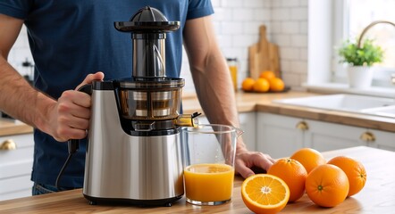 A man's hands prepare an organic healthy drink using an electric juicer in a modern kitchen.