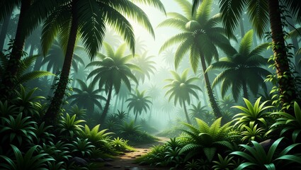 Tropical jungle path through misty palm trees