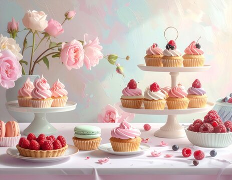 A charming dessert spread features pastel pink cupcakes, raspberry tarts, and macarons on tiered stands, complemented by pink roses. - Powered by Adobe