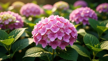 Pink hydrangea flowers in garden