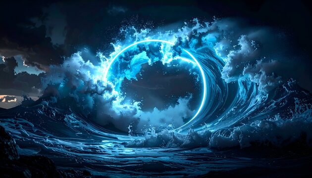 A luminescent blue circle engulfed in ocean waves with a stormy sky