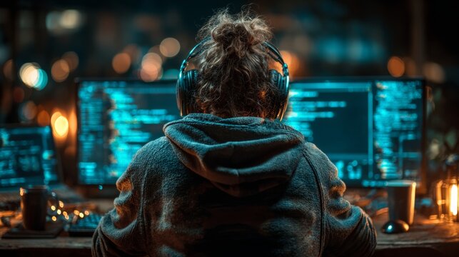 Dedicated coder immersed in lines of complex code on multiple screens, headphones on, working late into the night with ambient city lights softly blurred in the background.
