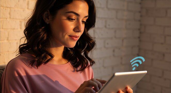 Young woman using digital tablet with blue wifi icon overlay.  Wireless connection concept