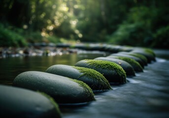 Mossy river stepping stones forming a tranquil path through a serene forest stream