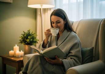 Woman in bathrobe reading book and drinking tea in cozy armchair