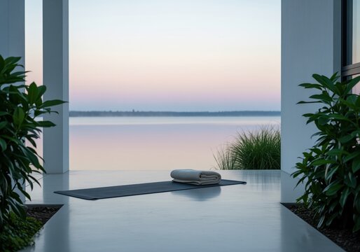 Minimalist outdoor yoga mat setup overlooking tranquil water at dawn