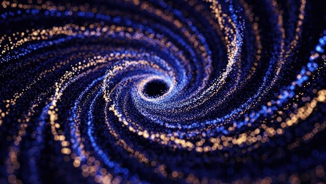 A mesmerizing spiral of blue and gold particles against a dark background.