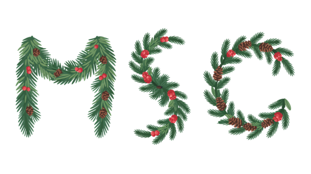Festive evergreen letters spell MSC for holiday cheer, design element
