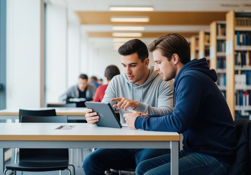 Two male students collaborating on a digital tablet in a modern study environment