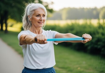 Active senior woman exercising outdoors with resistance band in park
