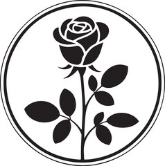 Black silhouette of a rose in a circular frame flower
