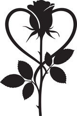 Black silhouette of a rose within a heart shape flower