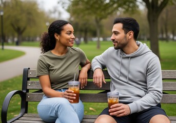Diverse couple enjoying a conversation on a park bench with refreshing drinks