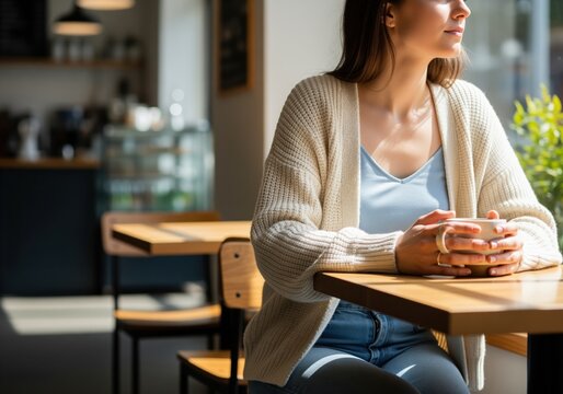 Young woman enjoying a quiet moment with coffee in a sunlit cafe, looking out the window - Powered by Adobe