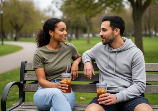 Diverse couple enjoying a conversation on a park bench with refreshing drinks - Powered by Adobe