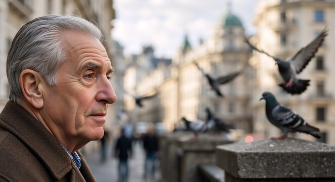 Urban Thought: A portrait of an elderly man with gray hair in the city. He gazes into the distance, with pigeons flying in the background.