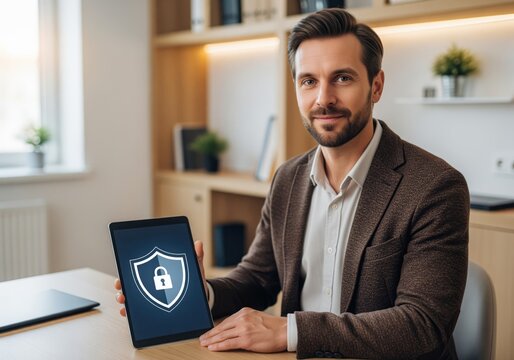 Confident man showing digital security on tablet screen in office
