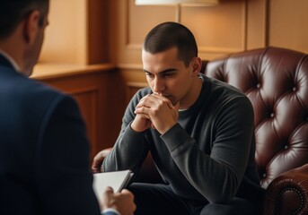 Young man in therapy session discussing mental health with counselor