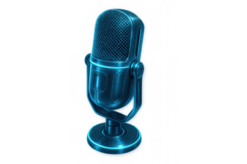 Retro neon blue microphone glowing, creating a vibrant broadcast and podcasting studio design asset