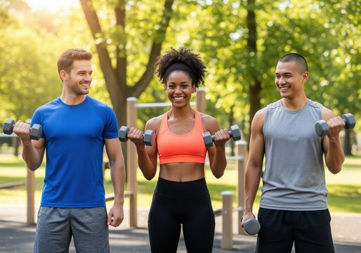 Diverse group of three friends smiling and lifting dumbbells during an outdoor workout