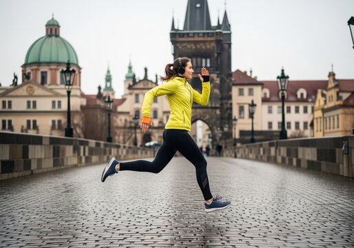 Dynamic woman running across a historic cobblestone bridge in an old european city