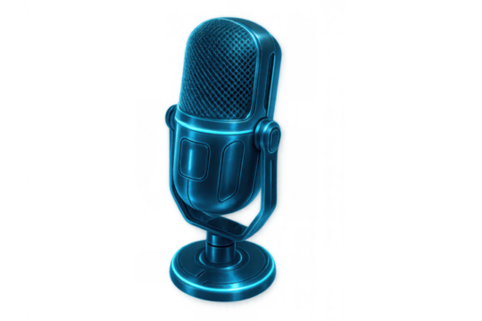 Retro neon blue microphone glowing, creating a vibrant broadcast and podcasting studio design asset