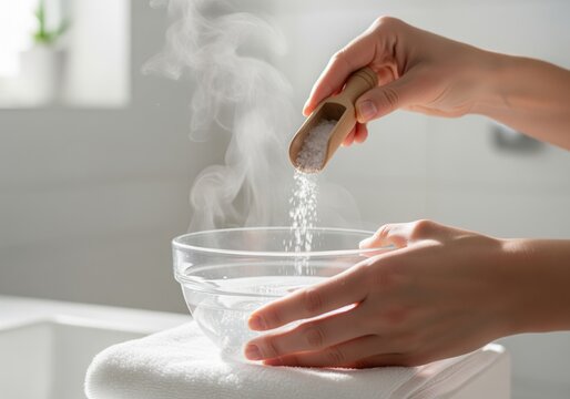 Hands pouring bath salts into steaming warm water for a relaxing self care ritual