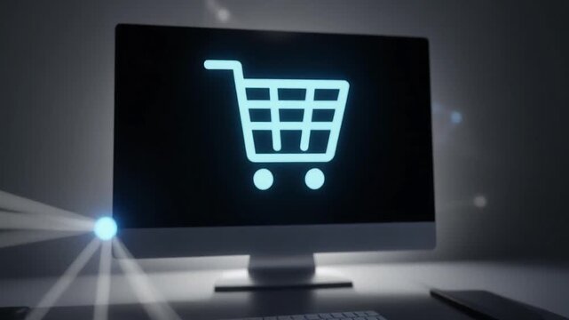 Online shopping cart icon glowing on a computer screen, representing e-commerce and digital retail