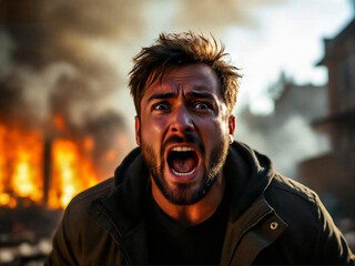 Dramatic Scene of Man Screaming in Front of Burning Ruins