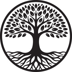 A simple black and white illustration of a tree of life within a circle