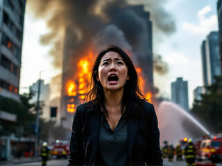 Dramatic Scene of Woman Reacting to Massive Building Fire in City