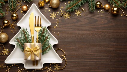 New Year's Eve Dinner: Table with gold cutlery and a Christmas tree plate. Christmas table setting and gift
