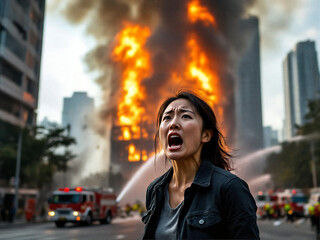 Dramatic Scene of Woman Reacting to Massive Building Fire in City