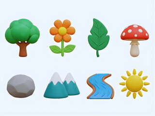 3d nature icons collection. tree, flower, leaf, mushroom, rock, mountain, river, sun edition