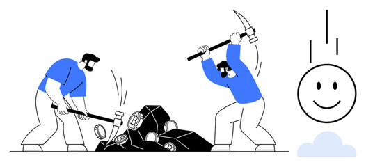 Mining teamwork. Mining teamwork by two individuals breaking stones with tools, highlighting collaboration and hard work. Mining teamwork for productivity, apps, visuals, education, teamwork